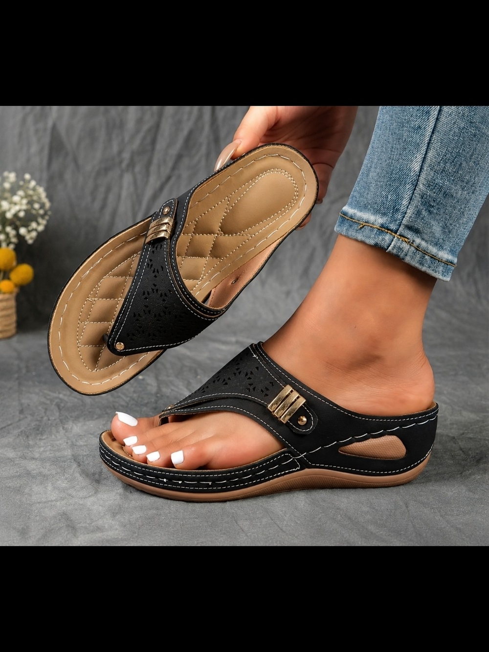 Women’s Black Comfort Wedge Thong Sandals